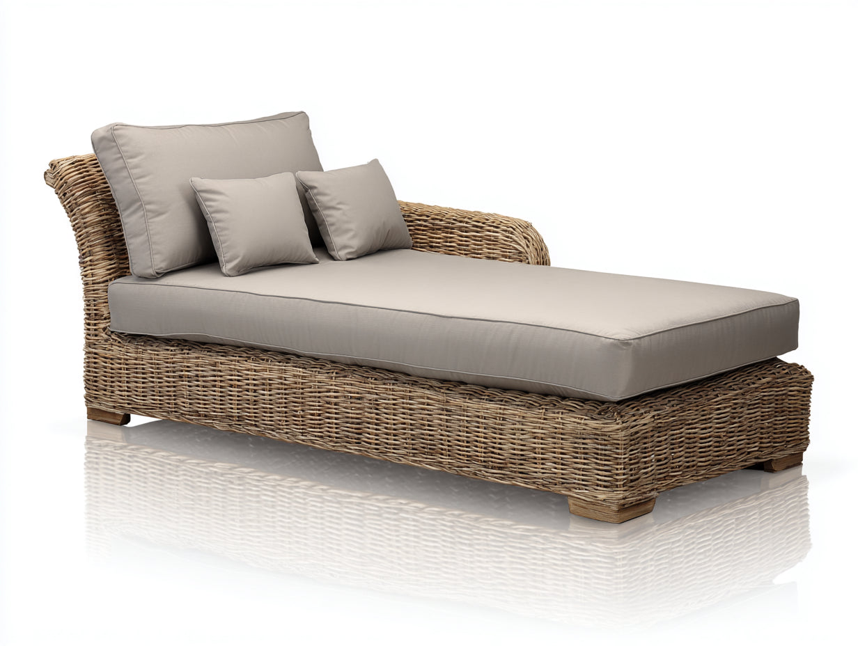 Lettino prendisole - rattan-legno-tessuto - 198x88x82 cm - Marrone chiaro-Tortora - naturale contemporaneo