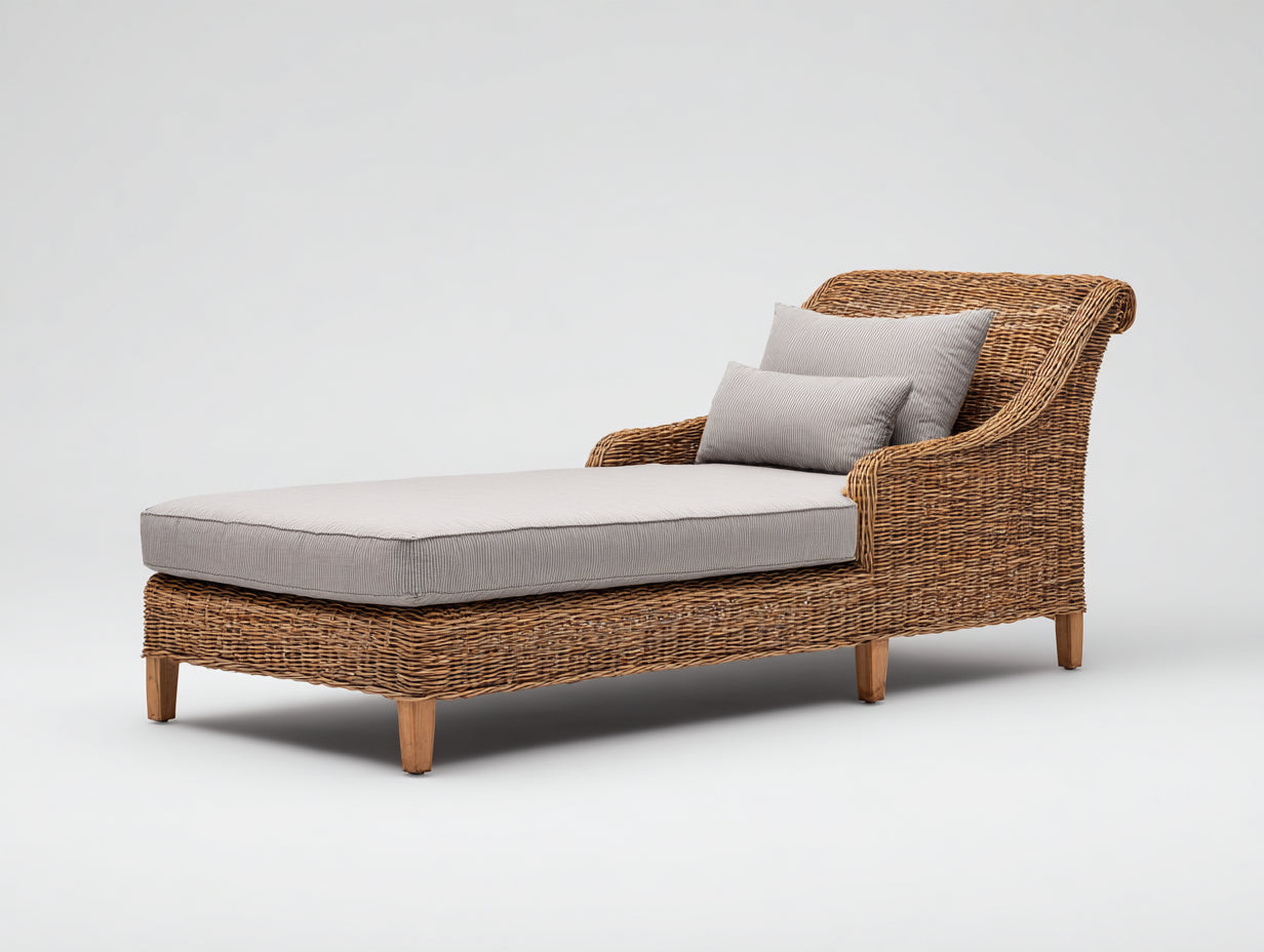 Lettino prendisole - rattan-legno-tessuto - 189x82x88 cm - Marrone miele-Grigio chiaro - classico naturale
