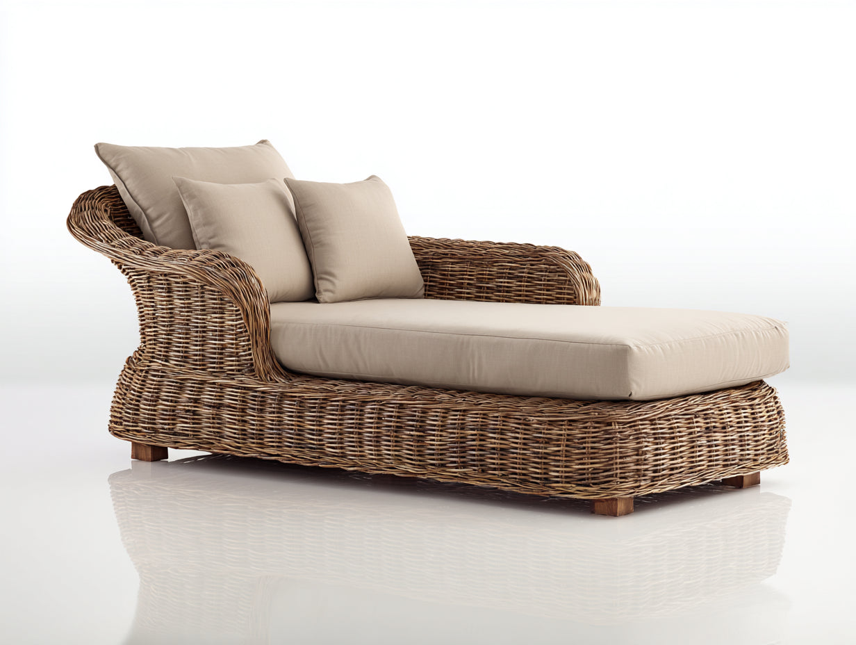 Lettino prendisole - rattan-legno-tessuto - 190x82x85 cm - Marrone chiaro-Beige - naturale