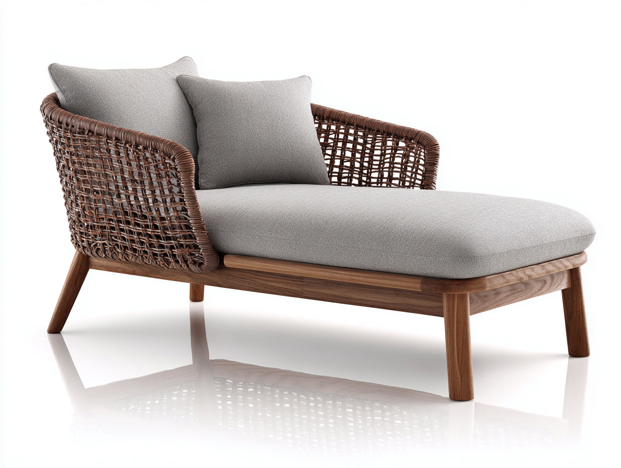 Lettino prendisole - rattan-legno-tessuto - 176x82x78 cm - Marrone-Grigio chiaro - contemporaneo