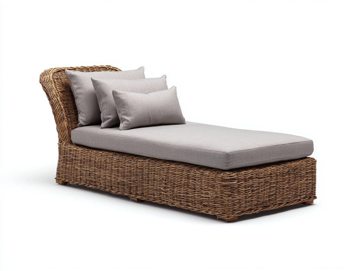 Lettino prendisole - rattan-legno-tessuto - 194x83x91 cm - Marrone chiaro-Grigio perla - rustico moderno