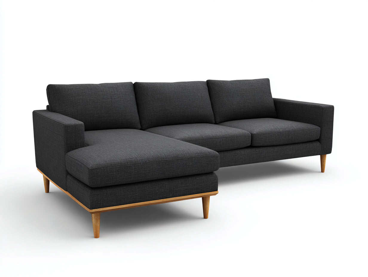 Divano angolare - tessuto-legno - 278x158x84 cm - grigio scuro-marrone - moderno