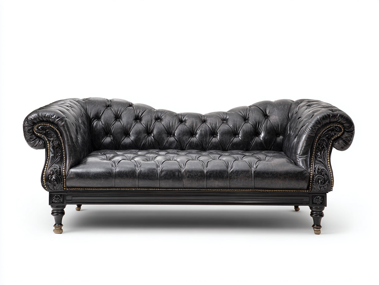 Divani a 3 posti - pelle-legno - 226x88x78 cm - nero - classico