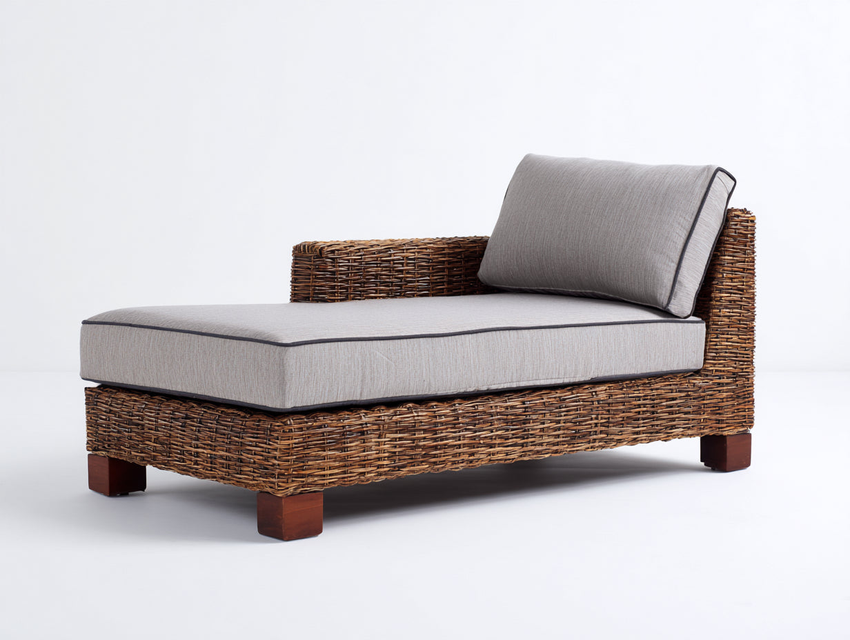 Lettino prendisole - rattan-legno-tessuto - 186x79x74 cm - Marrone scuro-Grigio chiaro - minimalista contemporaneo