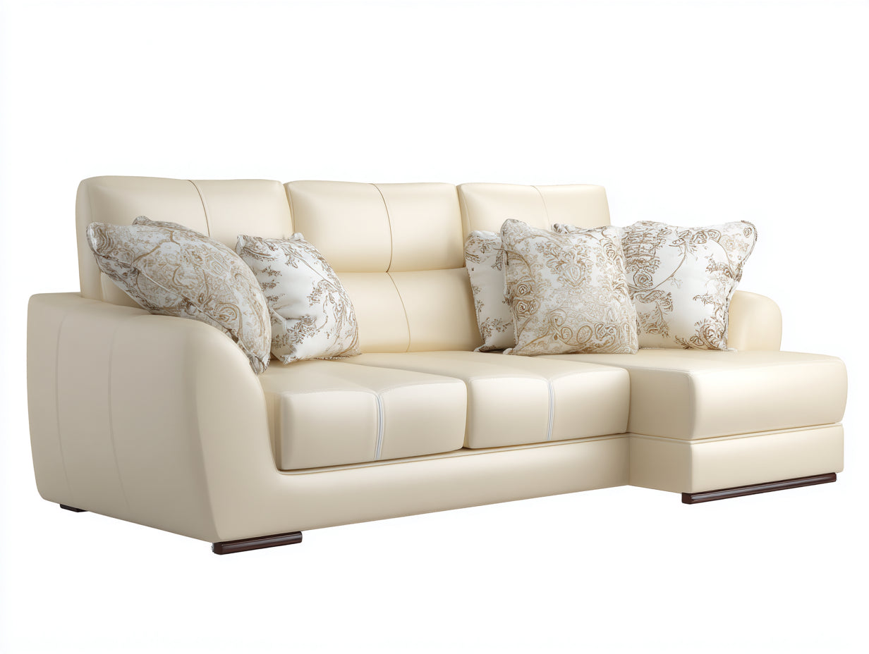 Divano angolare - pelle-legno - 274x161x83 cm - avorio-marrone - moderno