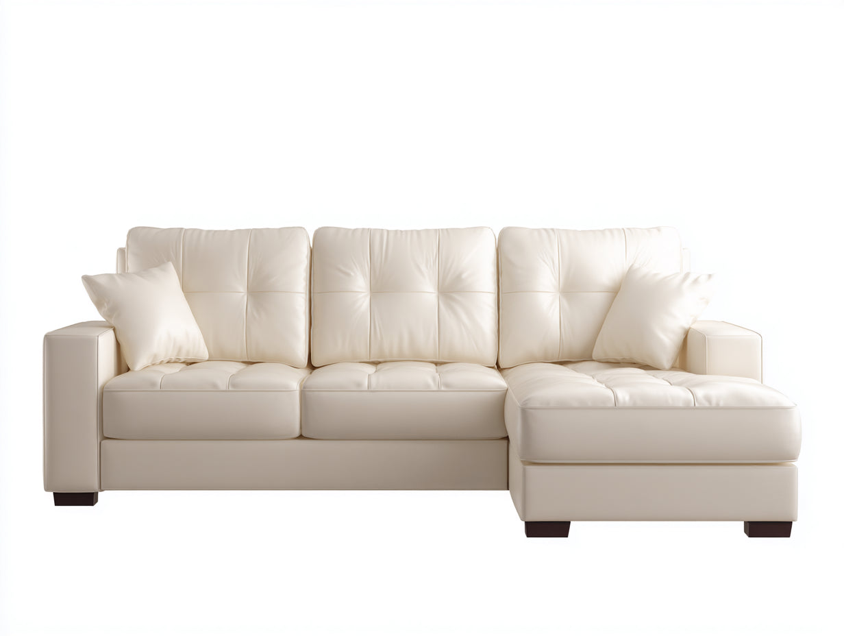 Divano angolare - pelle-legno - 275x163x84 cm - avorio-marrone - moderno