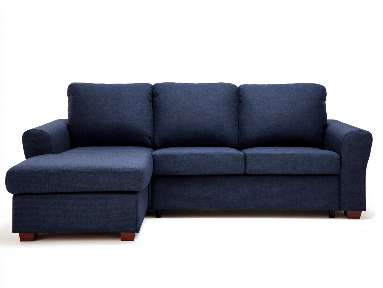 Divano angolare - tessuto-legno - 269x157x84 cm - blu scuro-marrone - moderno