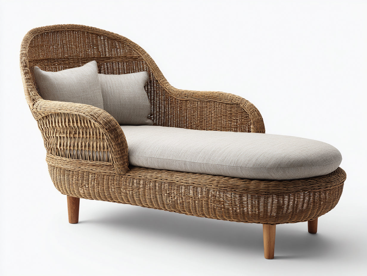 Lettino prendisole - rattan-legno-tessuto - 182x81x92 cm - Marrone naturale-Beige chiaro - artigianale elegante