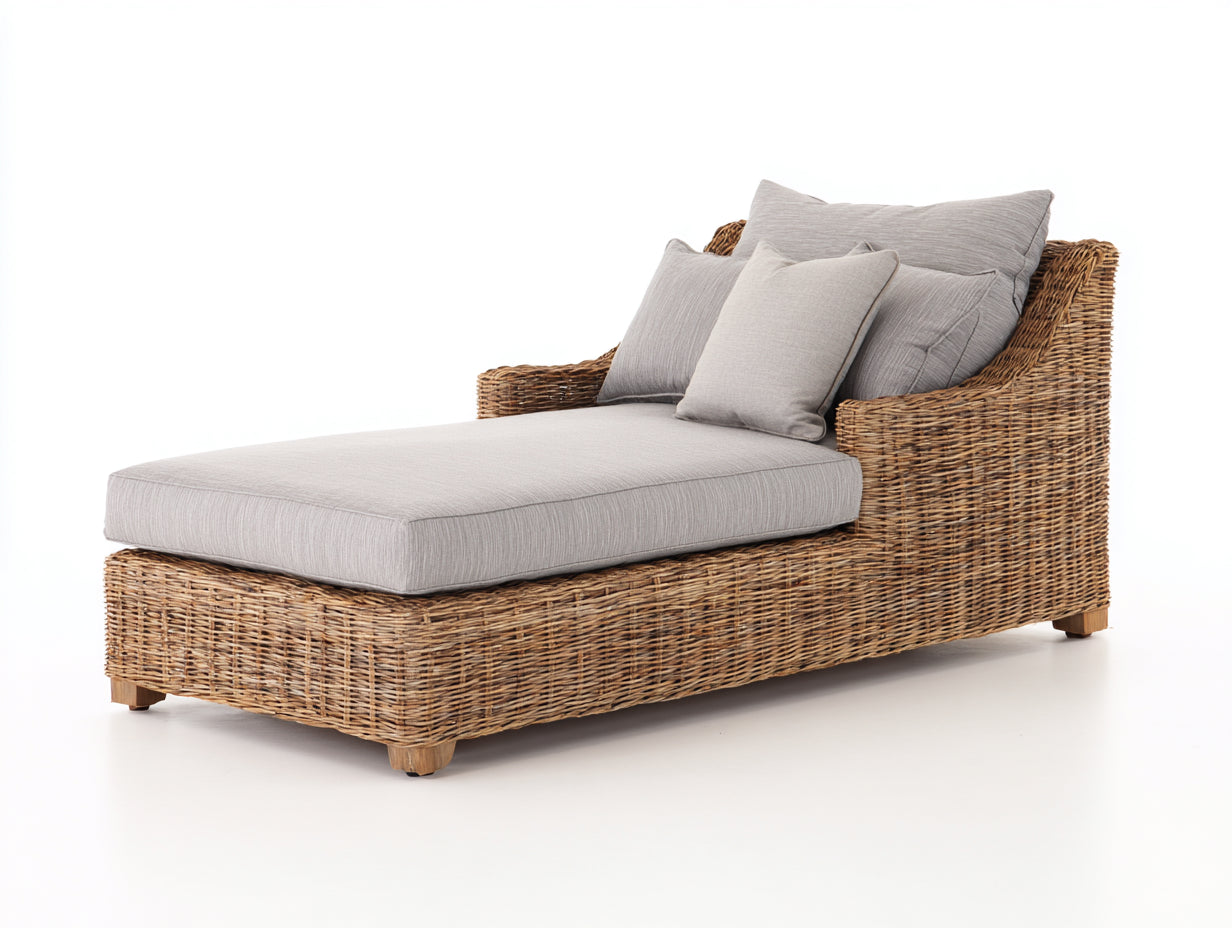 Lettino prendisole - rattan-legno-tessuto - 200x86x84 cm - Marrone naturale-Grigio chiaro - naturale moderno