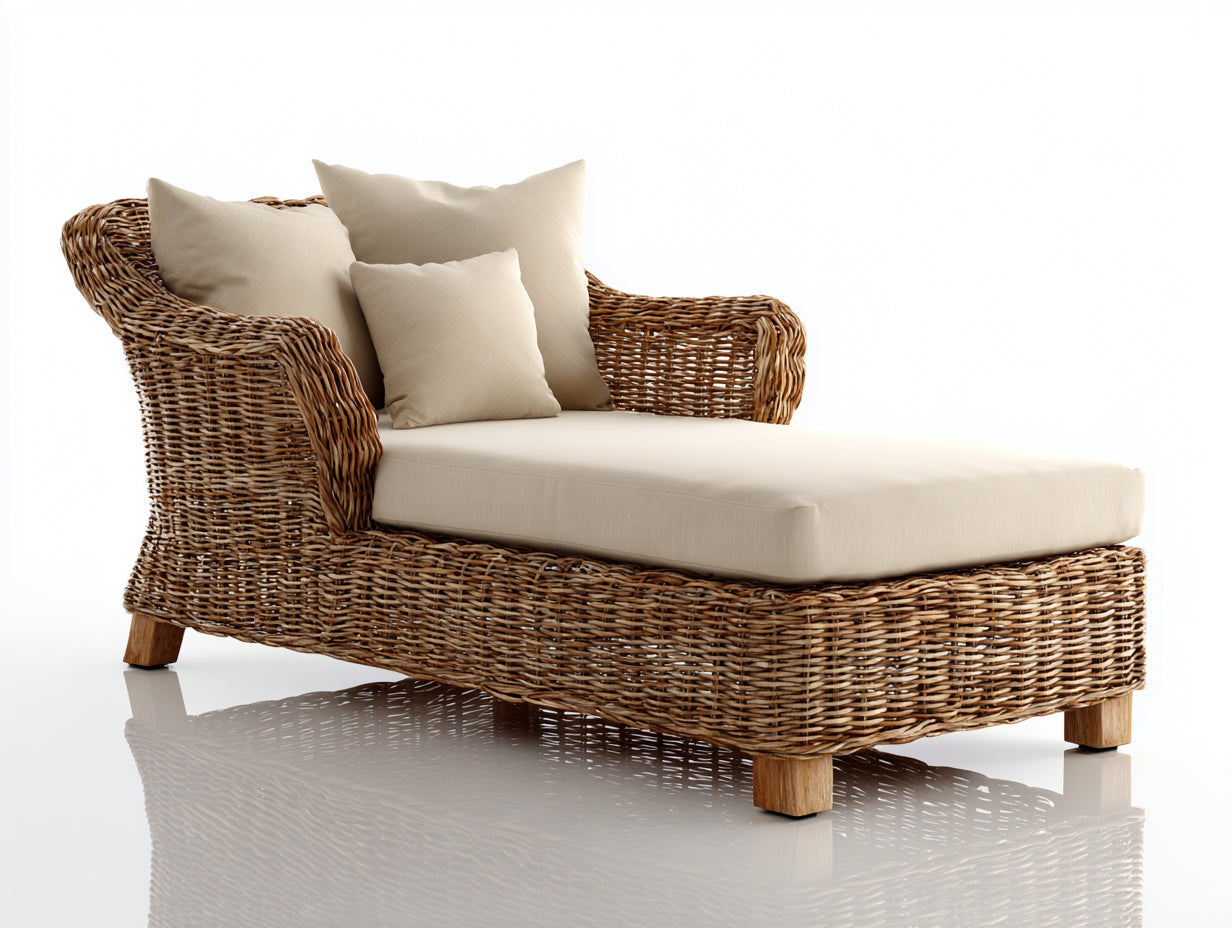 Lettino prendisole - rattan-legno-tessuto - 188x84x87 cm - Marrone chiaro-Beige - rustico elegante